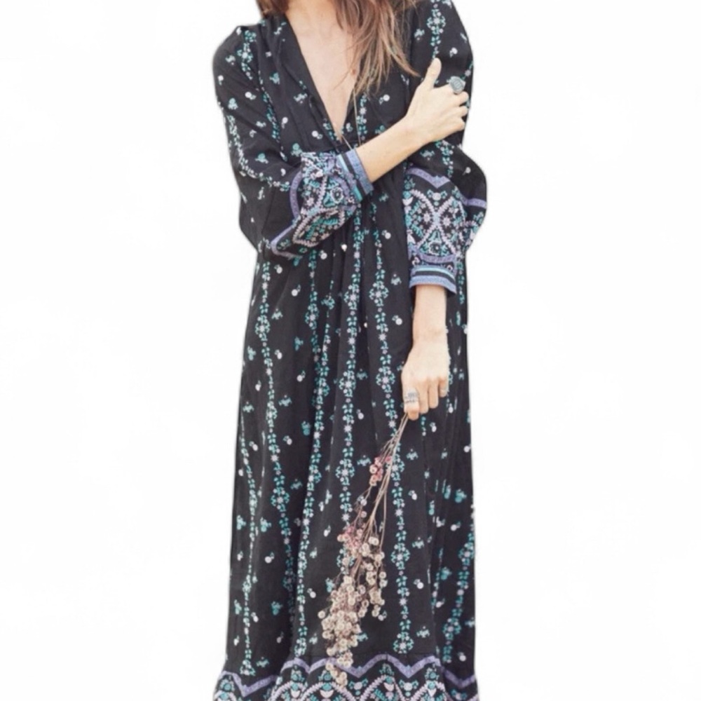 Chasing Unicorns Nothing But Flowers Black Floral Silk Cotton Maxi Dress‎ Large